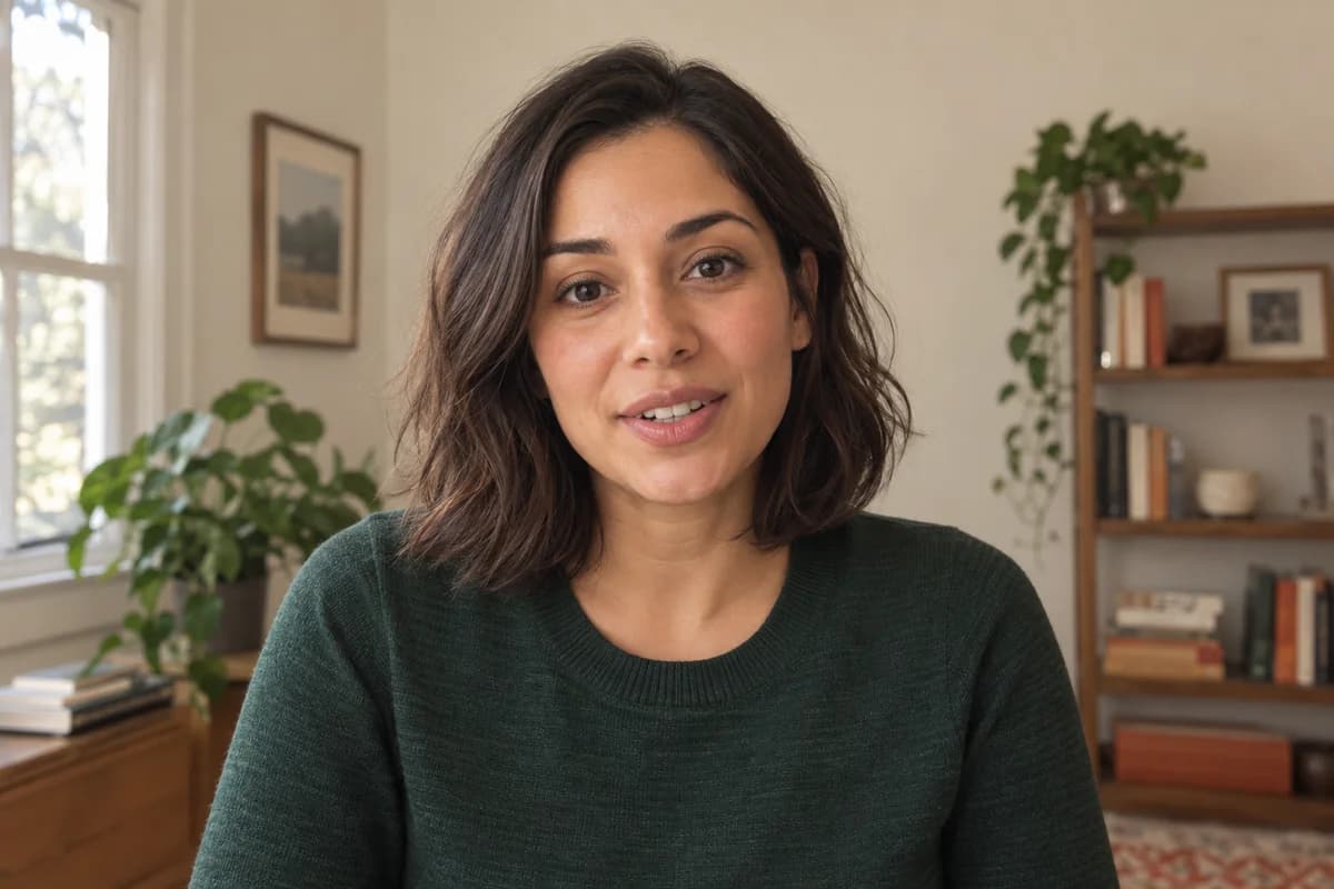 AI-generated fictional candidate practicing a video interview in a home office